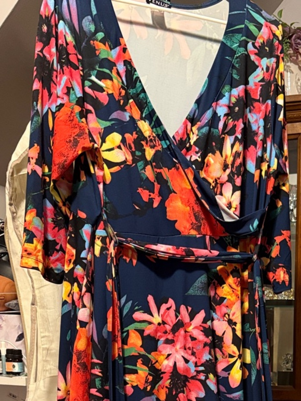 VENUS Navy Floral Wrap Maxi Dress with Coral, Pink & Yellow Blooms - Picture 2 of 5